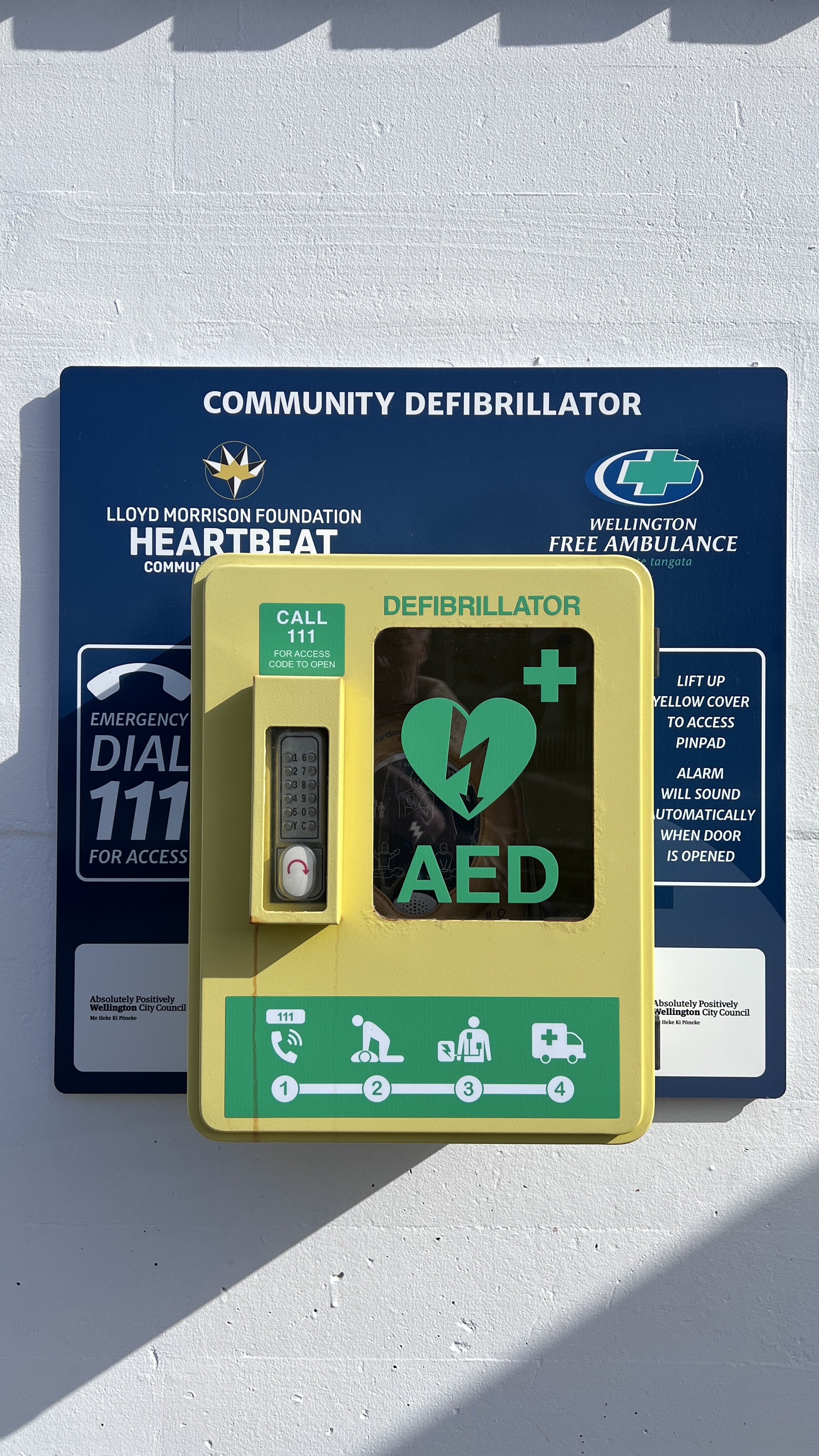 Public automated external defibrillator in a wall cabinet